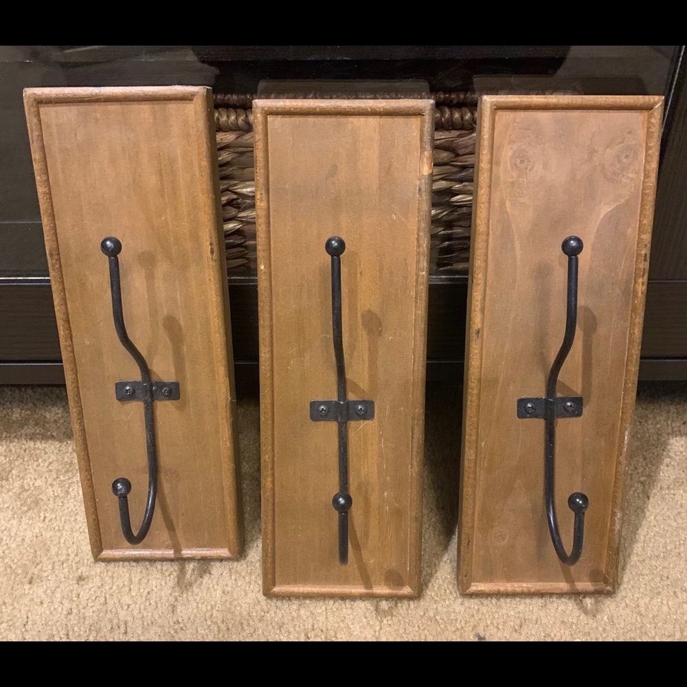 Wood Framed Metal Wall Hooks S/3